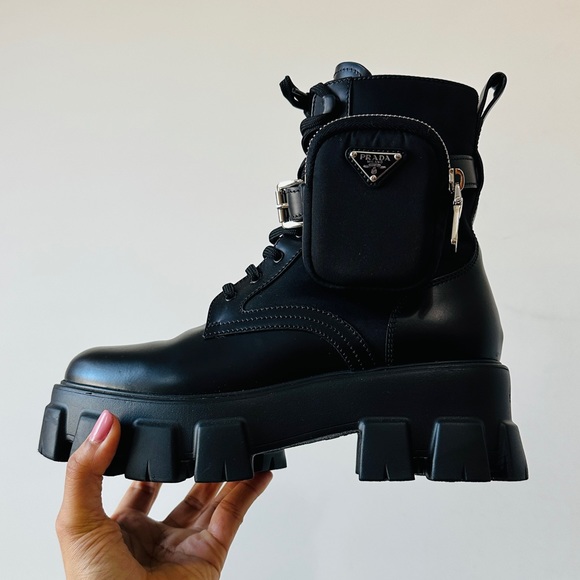 Prada Black Leather & Nylon Monolith Combat Boots w Detachable Mini Bags & Box - Picture 7 of 17